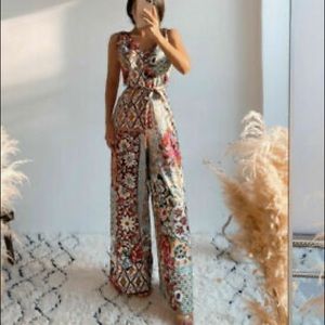 Zara patchwork tie belt jumpsuit